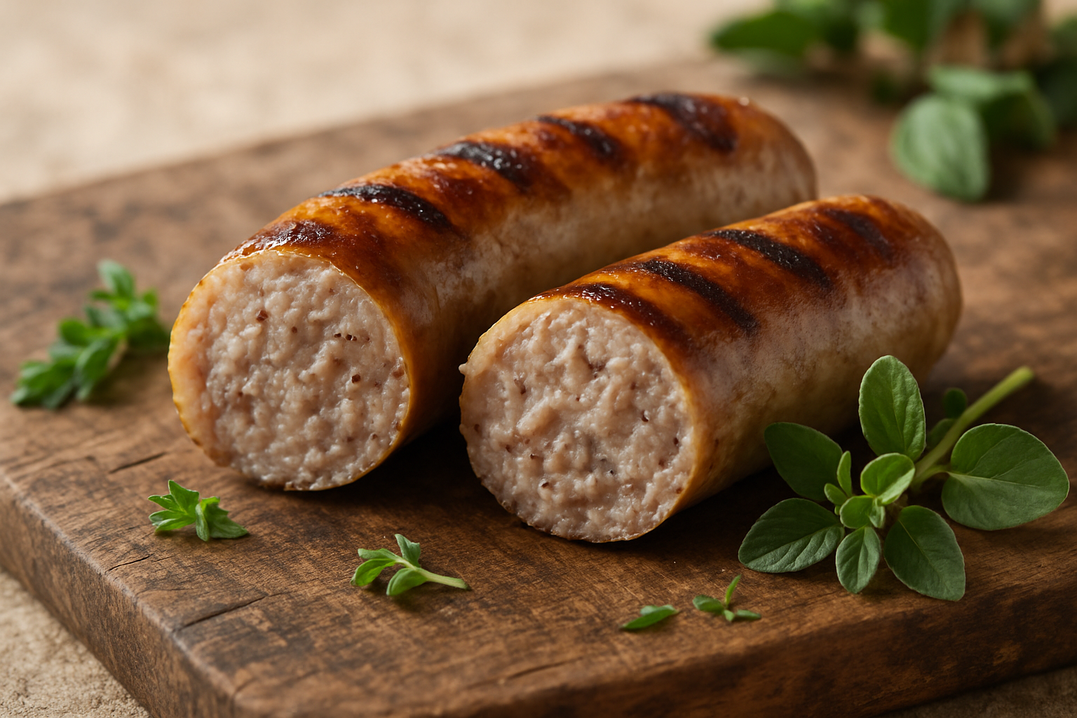Aufgeschnittene Bratwurst auf Holzbrett mit Majoran