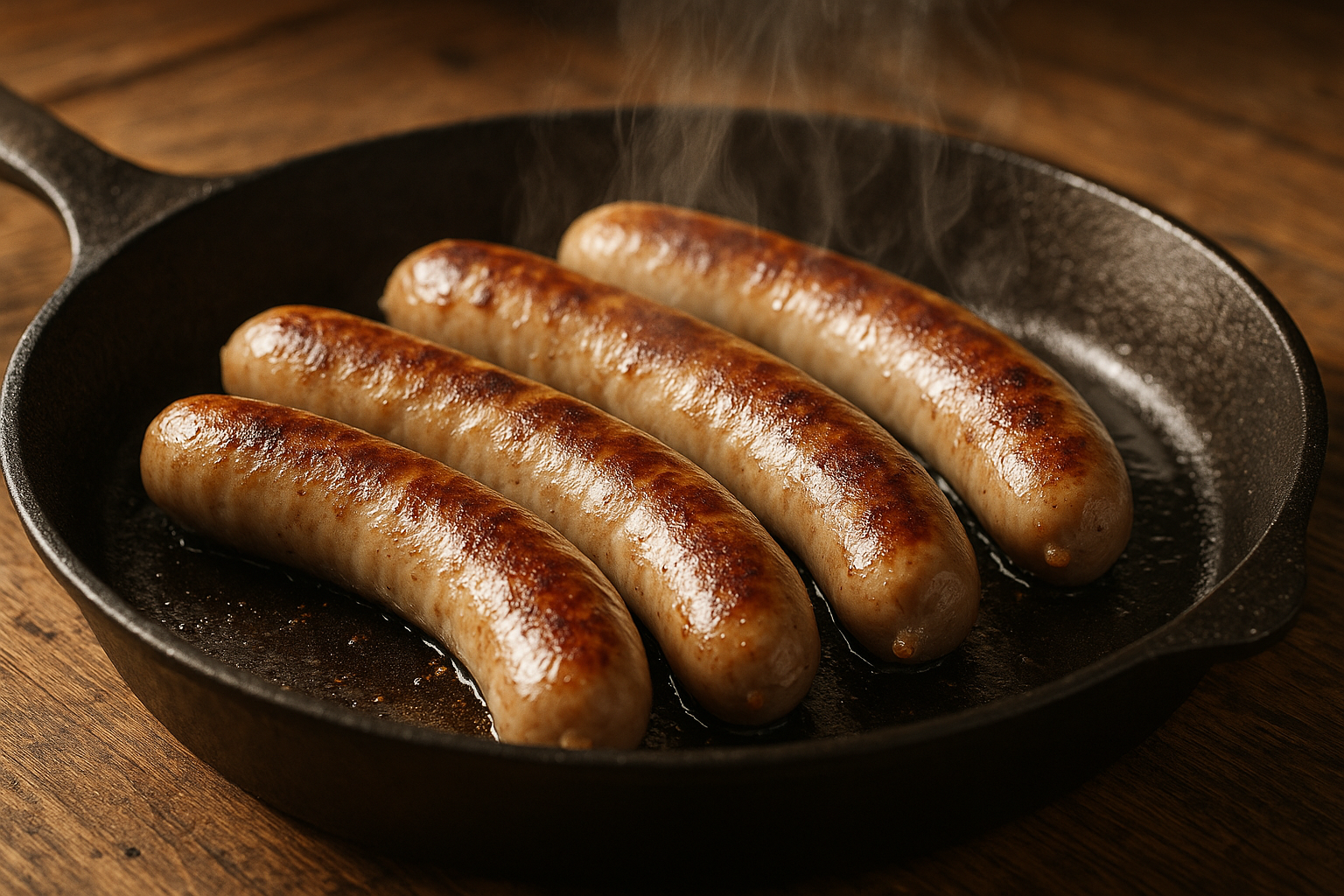 Bratwuerste braten in einer gusseisernen Pfanne