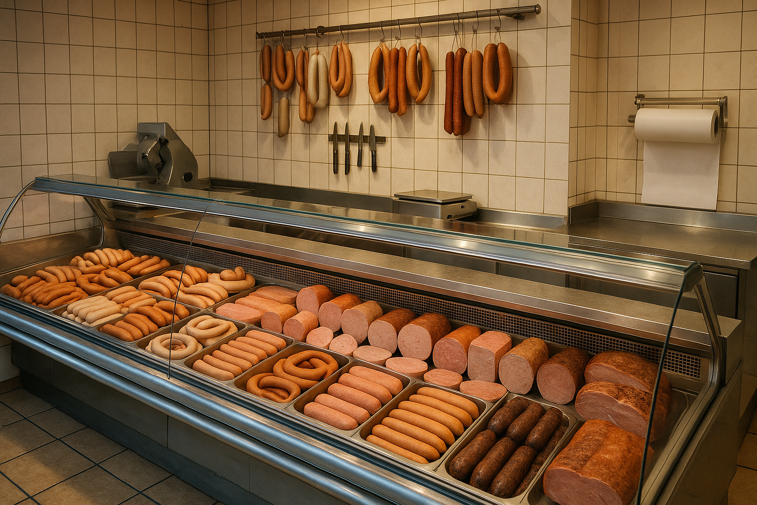 Glastheke einer Metzgerei mit Wurst-Sortiment