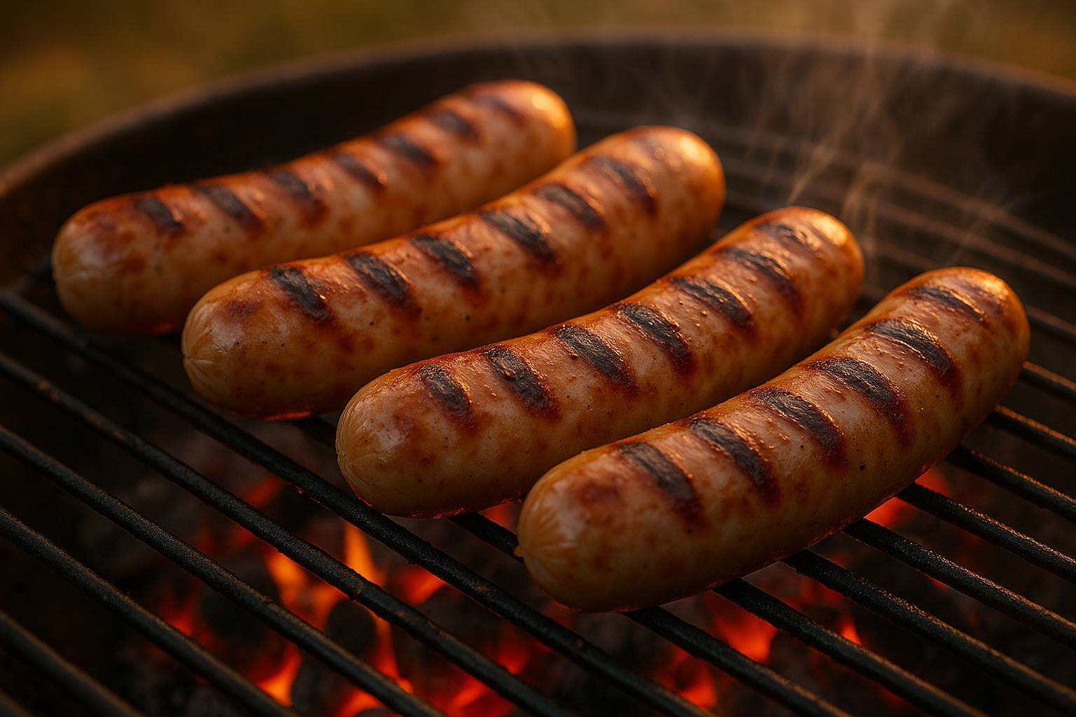 Bratwuerste mit Grillmarken auf Holzkohle